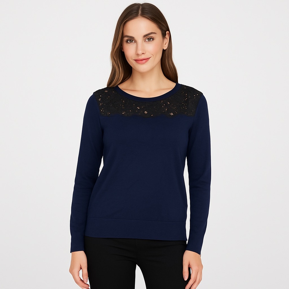 Halogen Navy Sweater with Black Lace Yoke Long Sleeve Size XL